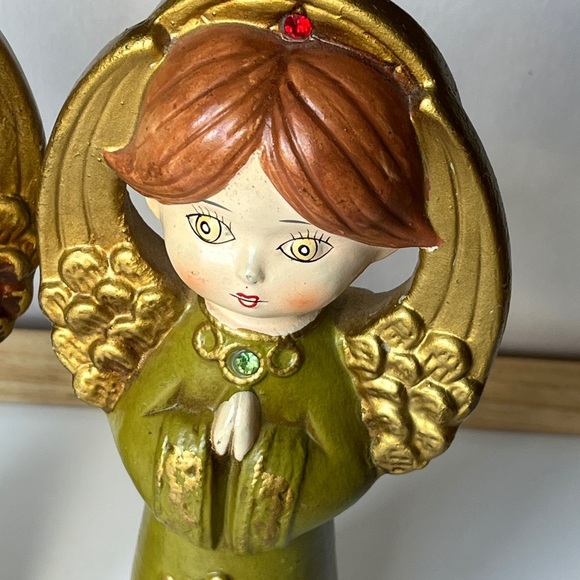 Vintage Japan Angel Figurines Pair Blue Green Gold Halo Praying Christmas Decor - Picture 5 of 13